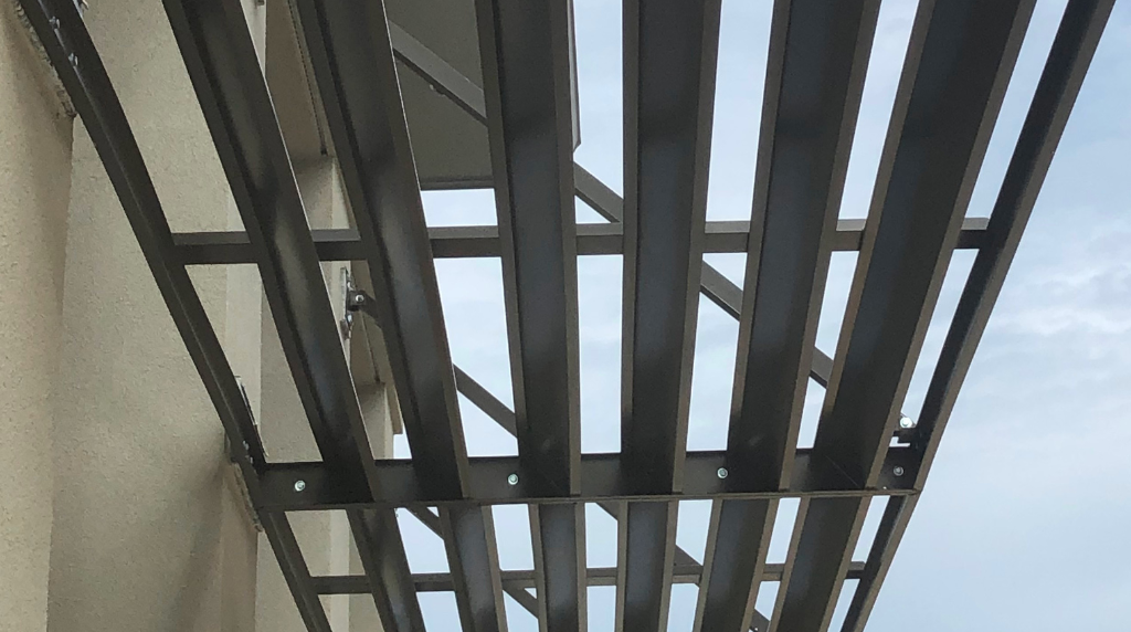 Underside view of galvanized steel roof framing