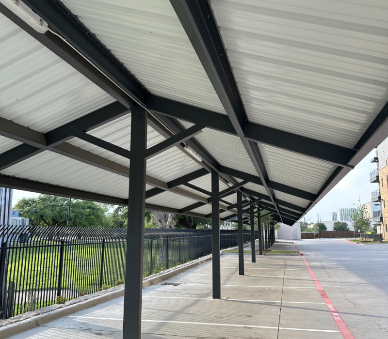 Angled side view of long-span carport system